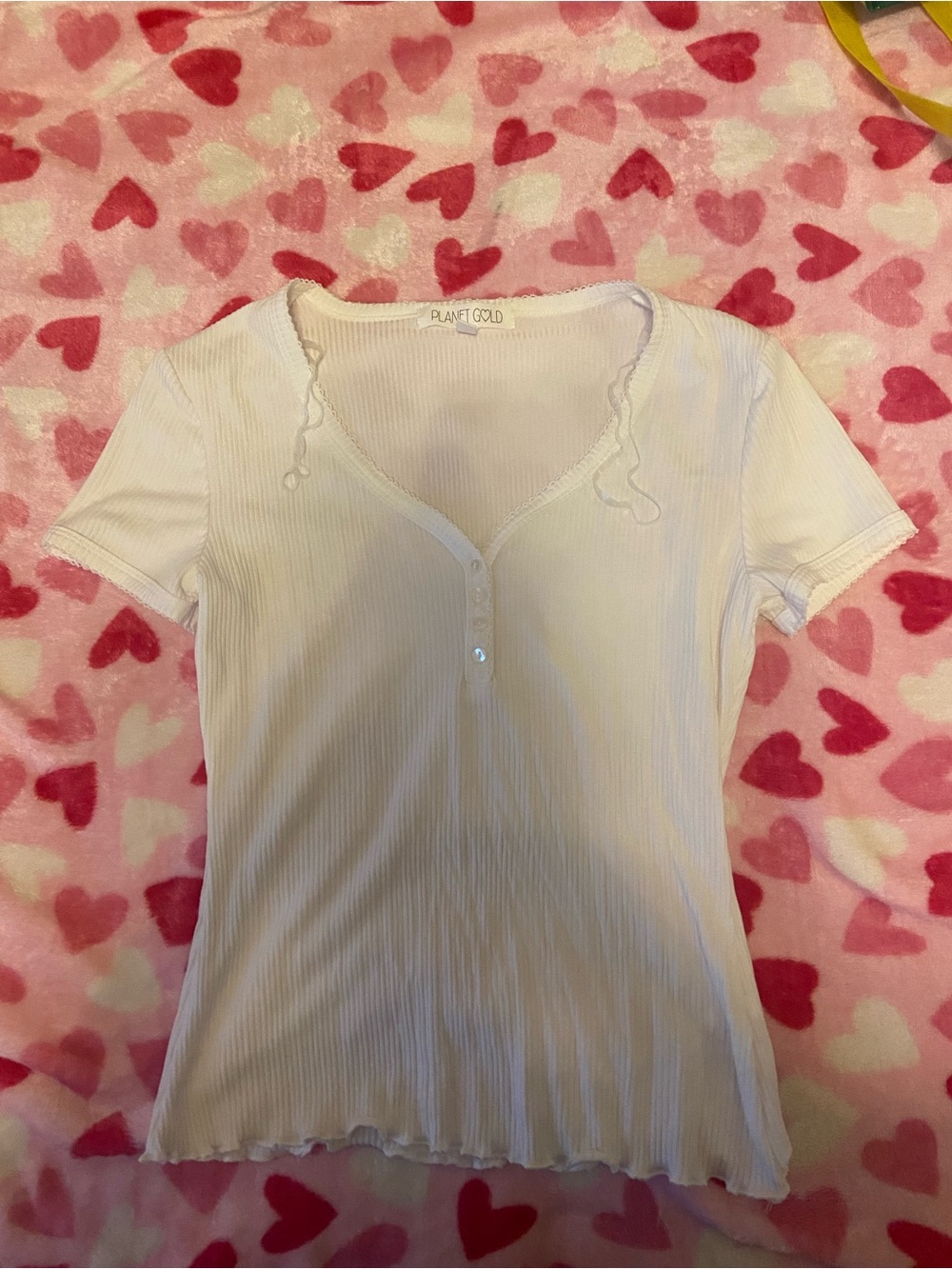 Women’s White Ribbed Button-Front Henley Tee Shirt